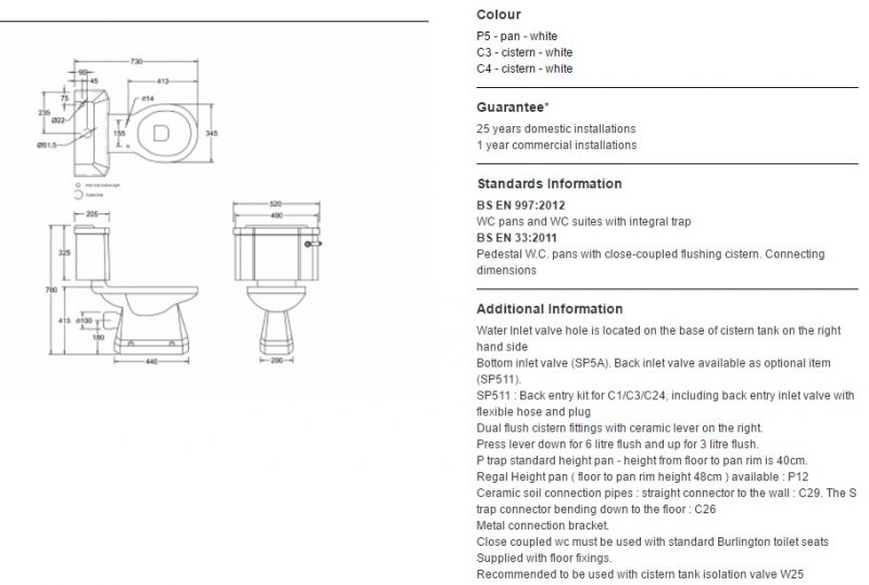 Burlington close Coupled Traditional Toilet With Seat P5 C1 S18