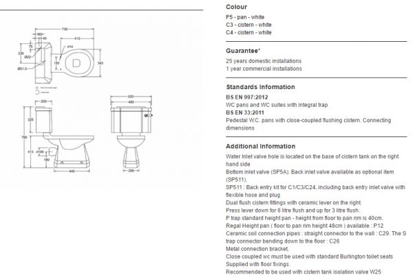 Burlington Close Coupled Traditional Toilet WC with Seat P5 C1 S16-14506