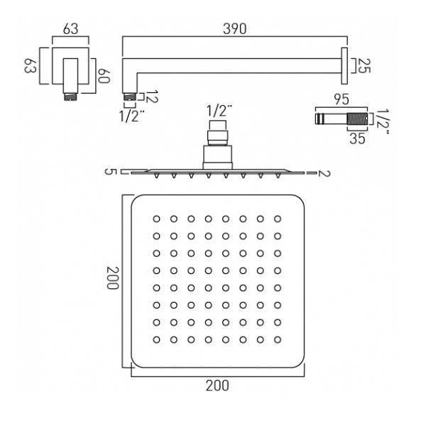 Vado Aquablade 200mm Square Shower Head and Arm (AQBSQ/20/SA/AC/P)
