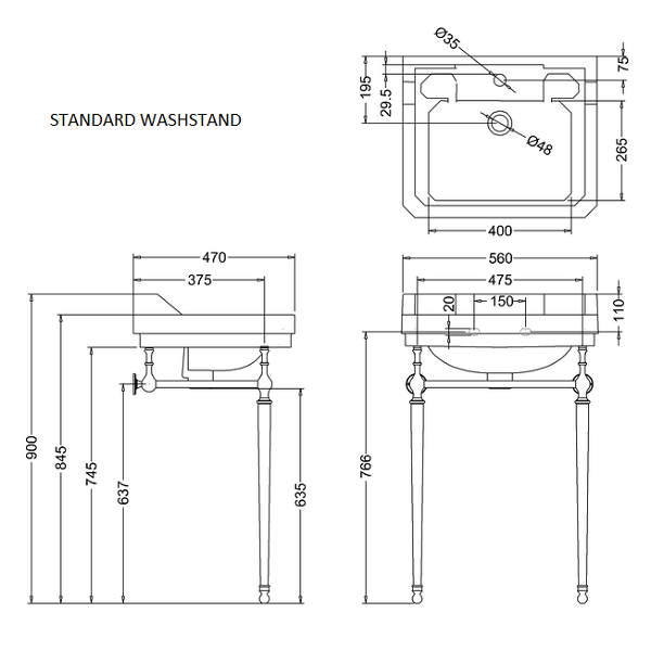 burlington 56cm basin and washstand tech spec