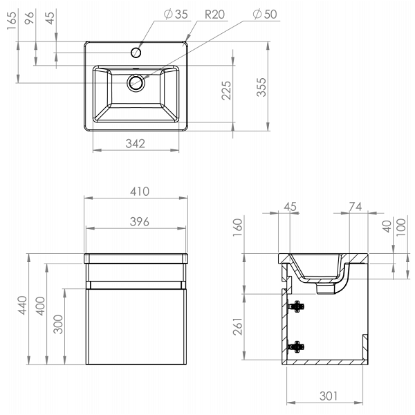 saneux air 40x35 basin & unit tech spec
